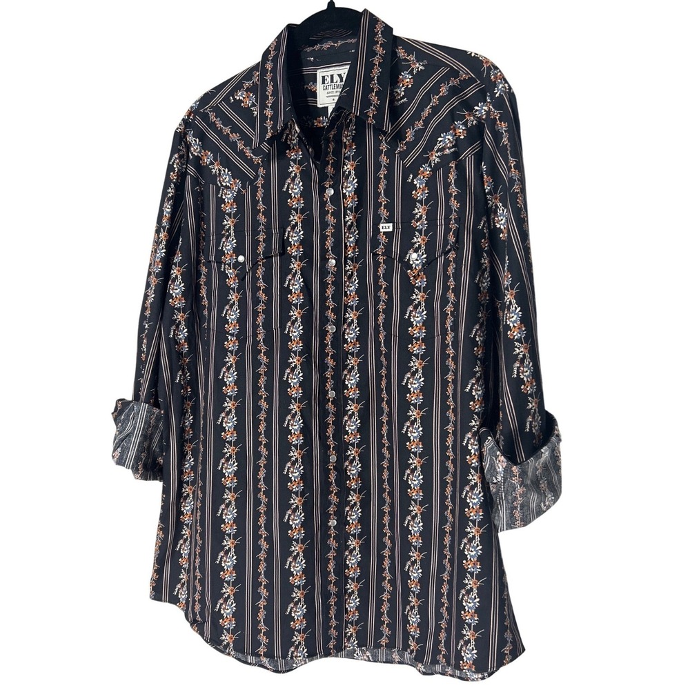 Ely Cattleman Mens Western Snap Shirt Black Floral Stripe Pearl Snap Large